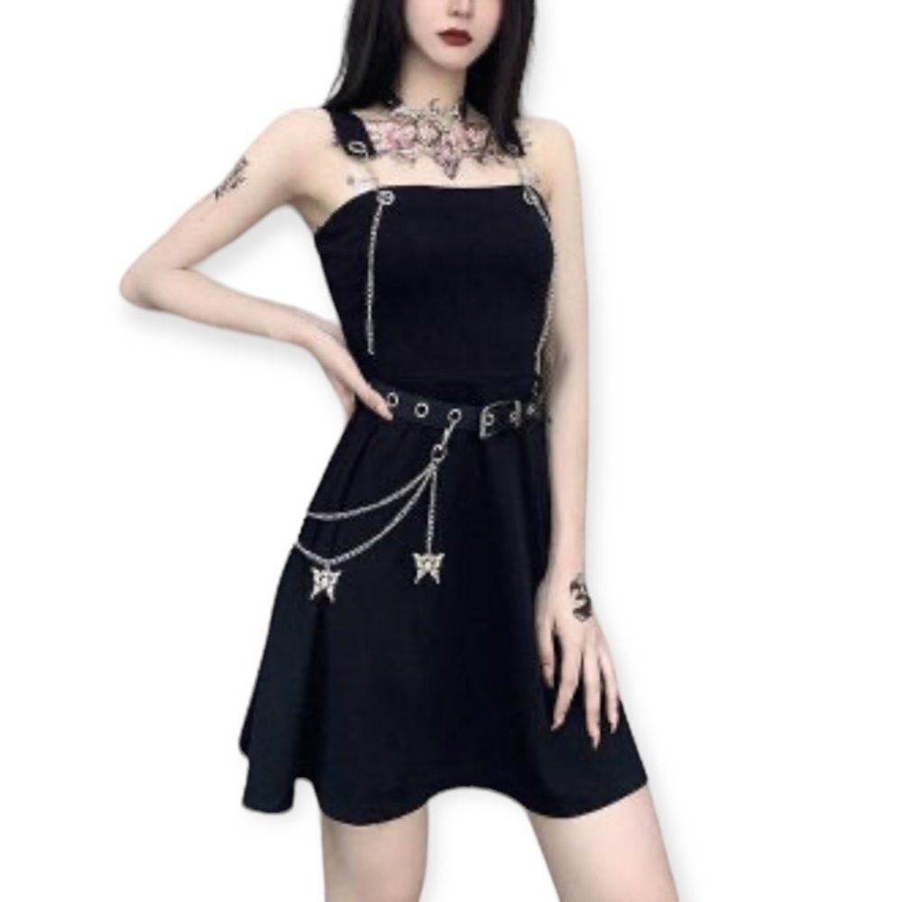 Black Halter Mini Dress with Pants Chain & Crescent Moon Black Wide Belt NEW